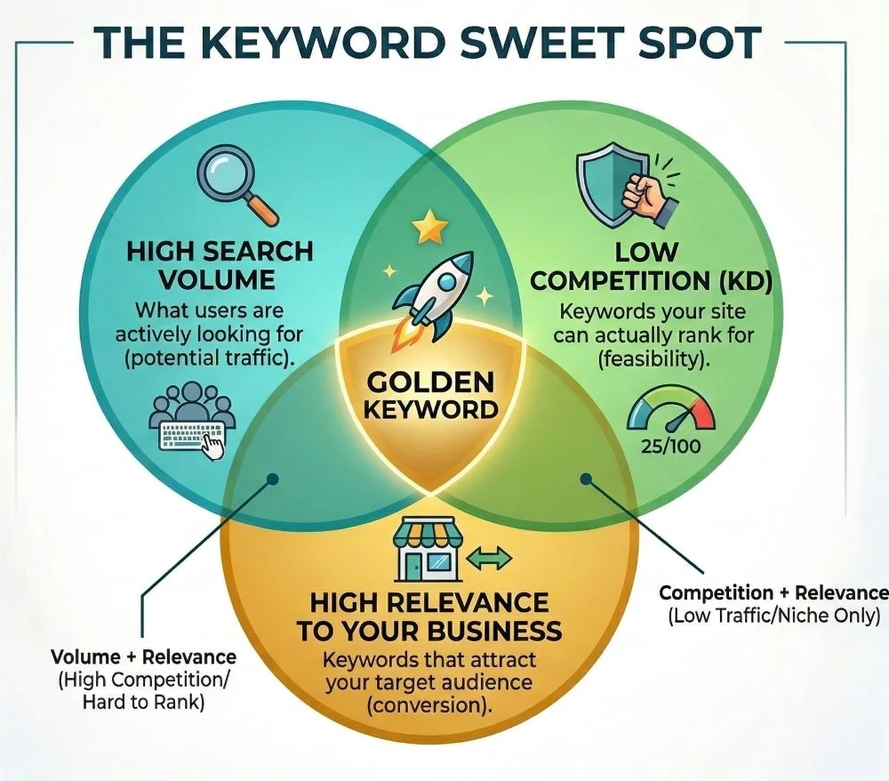 An infographic-style Venn diagram titled "The Keyword Sweet Spot," displayed against a blurred modern office background. Three distinct overlapping circles (teal, green, and gold) illustrate the relationship between High Search Volume, Low Competition (KD), and High Relevance to your business. A glo