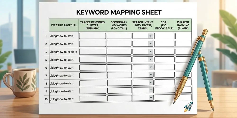 A close-up photograph of a structured "Keyword Mapping Sheet" spreadsheet mockup resting on a modern wooden home office desk. The sheet features columns labeled 'WEBSITE PAGE/URL', 'TARGET KEYWORD CLUSTER', 'SECONDARY KEYWORDS', 'SEARCH INTENT', and 'GOAL', with sample blank input boxes. A teal and