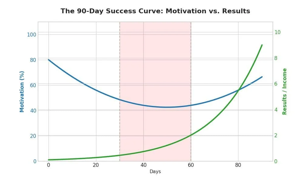 A line graph titled 'The 90-Day Success Curve: Motivation vs. Results.' The chart shows a blue line for motivation that starts high and dips significantly between days 30 and 60, labeled as 'The Danger Zone.' A green line representing results remains low initially but curves sharply upward after day