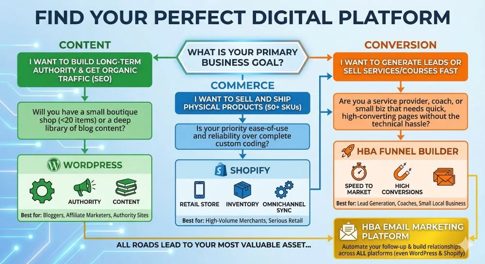 A flowchart infographic titled 'FIND YOUR PERFECT DIGITAL PLATFORM' that guides business owners to choose between WordPress, Shopify, and the HBA Funnel Builder based on their primary goal: long-term authority (SEO/Content), physical product sales (Commerce), or quick lead generation (Conversion). T