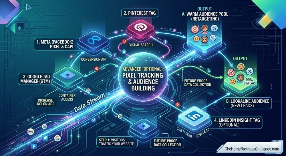 A digital diagram showing how Google Tag Manager (GTM) manages tracking pixels for Meta (Facebook) and Pinterest. It illustrates the flow of website traffic data into "Warm Audience Pools" and "Lookalike Audiences" for future retargeting and marketing