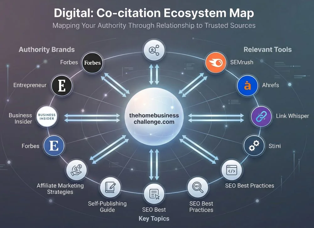 A conceptual network map titled 'The Co-citation Ecosystem (2026 AI Visibility)' shows the website 'simplywebcraft.com' in the center, surrounded by a ring of interconnected 'Associated Entities'. Nodes include 'Forbes', 'HubSpot', 'Link Whisper', 'Affiliate Marketing Strategies', 'Self-Publishing G