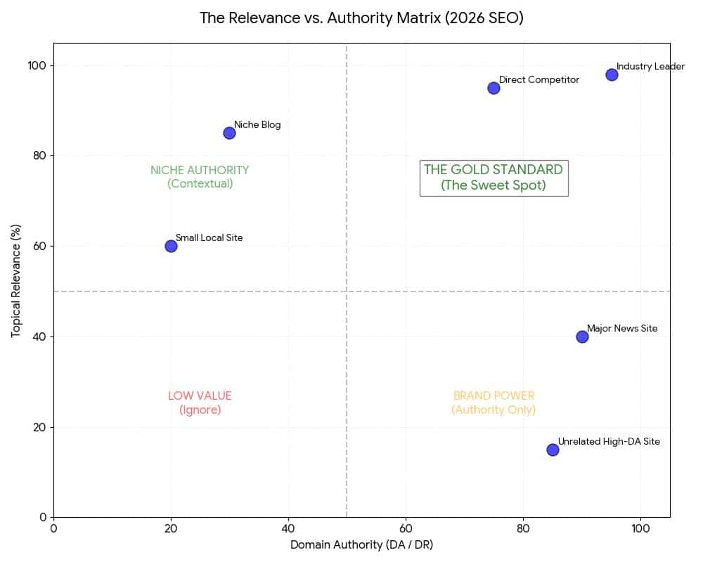 A scatter plot matrix titled 'The Relevance vs. Authority Matrix (2026 SEO)' showing four quadrants of backlink value. The horizontal axis represents 'Domain Authority (DA/DR)' and the vertical axis represents 'Topical Relevance (%)'. The quadrants are labeled 'The Gold Standard (The Sweet Spot)' fo
