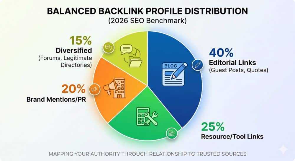 A pie chart titled 'Balanced Backlink Profile Distribution (2026 SEO Benchmark)' illustrating a diverse link portfolio. It is divided into four main sections: 40% Editorial Links (Guest Posts, Quotes), 25% Resource/Tool Links, 20% Brand Mentions/PR, and 15% Diversified (Forums, Legitimate Directorie