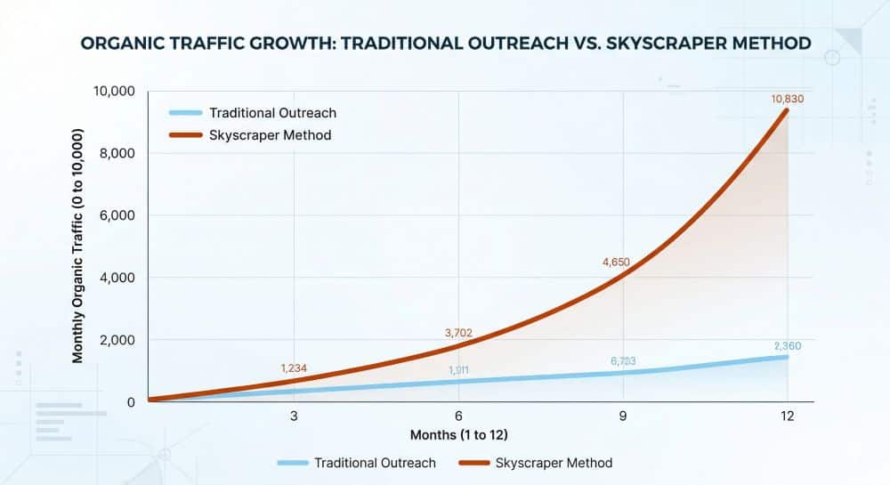 A line graph titled 'Organic Traffic Growth: Traditional Outreach vs. Skyscraper Method' comparing two SEO strategies over a 12-month period. The horizontal axis represents 'Months (1 to 12)' and the vertical axis represents 'Monthly Organic Traffic (0 to 10,000)'. A blue line representing 'Traditio