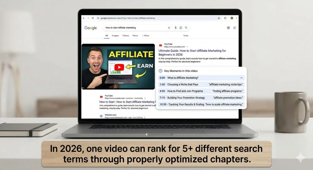 A mock-up of a 2026 Google Search result for the query 'How to start affiliate marketing' displayed on a laptop. The top result is a YouTube video featuring a 'Key Moments' dropdown menu with five optimized chapters: 'What is Affiliate Marketing?', 'Choosing a Niche', 'How to Find Programs', 'Buildi