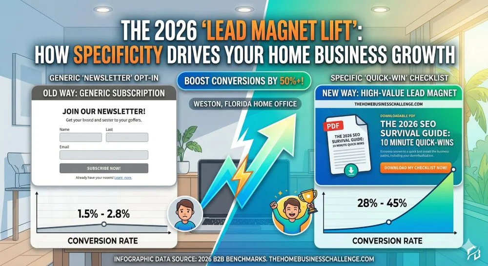 A modern infographic comparison titled 'THE 2026 LEAD MAGNET LIFT: HOW SPECIFICITY DRIVES HOME BUSINESS GROWTH'. The image is split, with the left 'OLD WAY' showing a basic form labeled 'JOIN OUR NEWSLETTER' and a flat conversion line peaking at 2.8%. The right 'NEW WAY' shows a high-value landing p