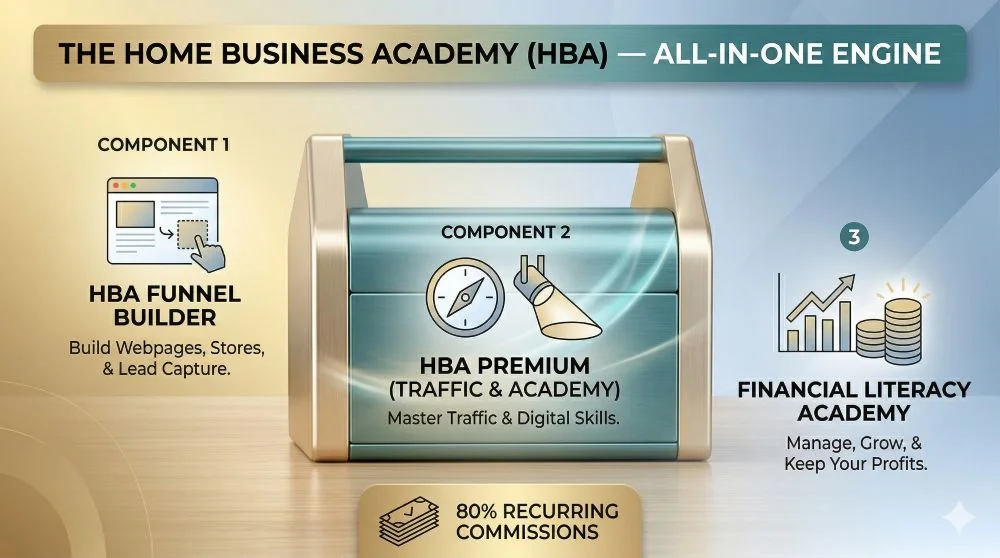 A clean, stylish 16:9 landscape infographic illustrating an all-in-one digital toolbox for female entrepreneurs. The central image is a modern, minimalist toolbox crafted from polished brushed teal and champagne gold. It sits on a subtle, warm wooden desk texture with a soft gradient background. Thr