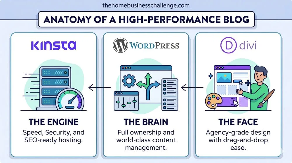 An infographic styled as a simple three-column layout, illustrating the three critical components of a high-performance blog: The Engine (Kinsta managed WordPress hosting for speed and security), The Brain (WordPress for full content management and ownership), and The Face (the Divi page builder for