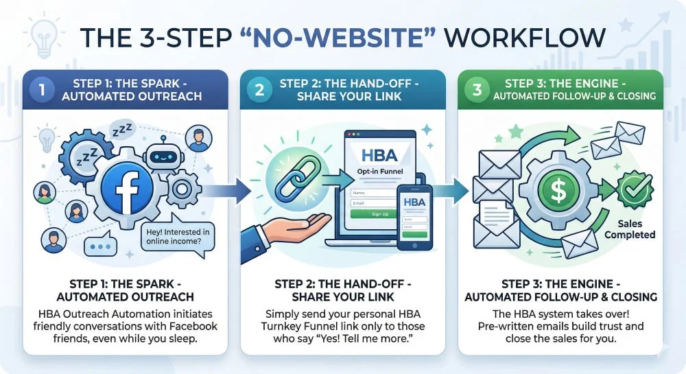 the 3-step no-website workflow for affiliate marketers. automated outreach, share your link, and automated follow-up and closing